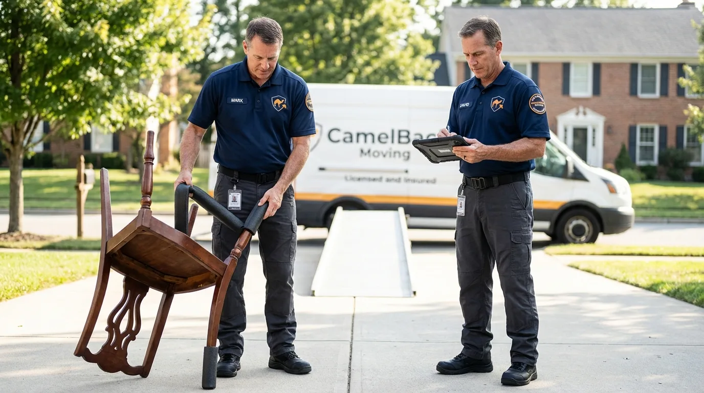 Movers inspecting furniture for damage prevention before loading in Plentywood, MT