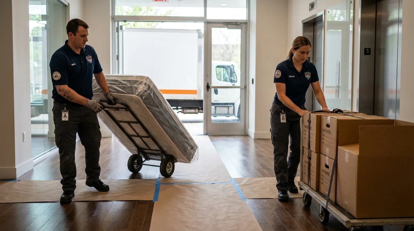 Professional apartment movers loading elevator in Plentywood, MT